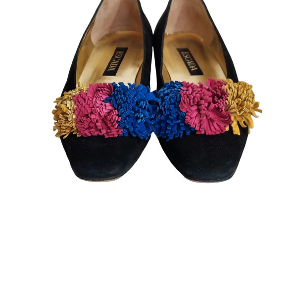 Escada Black Suede Pom Pom Flats Square Toe - Picture 2 of 15